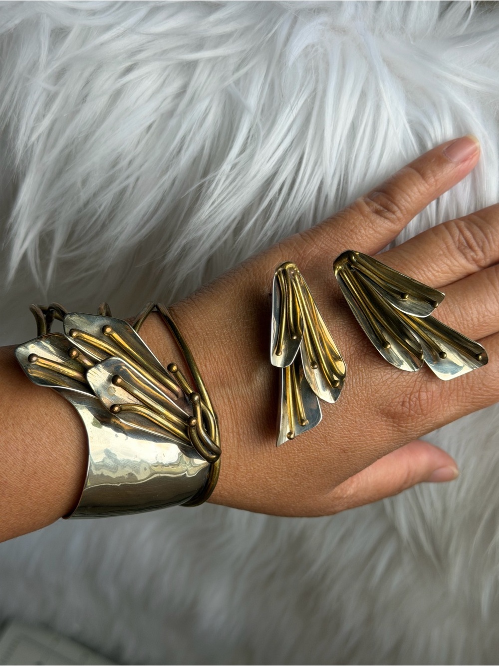 Artisan Silver & Brass Tone Modernist Brutalist Match Petal Cuff & Earrings Set